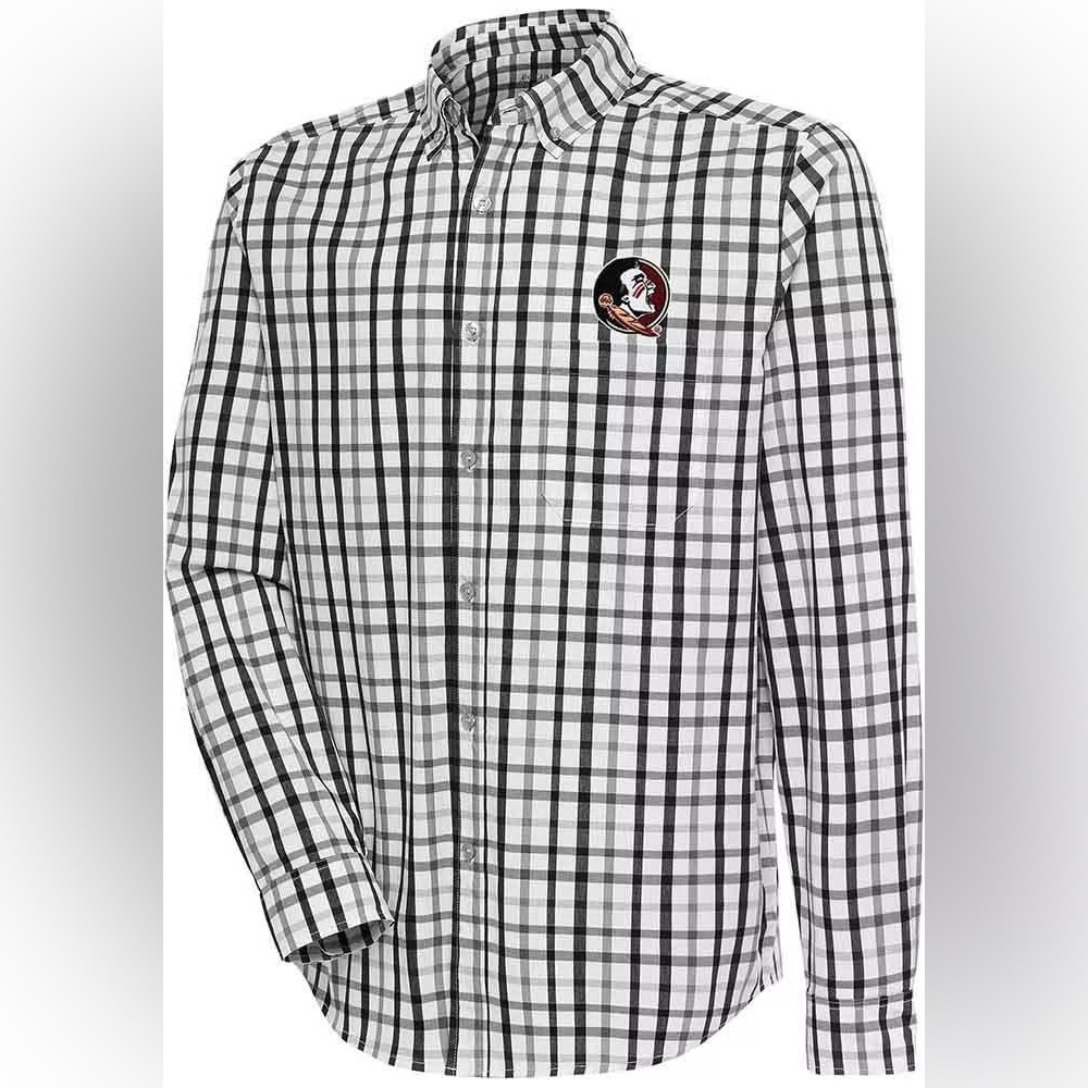 ANTIGUA MEN'S FLORIDA STATE SEMINOLES MENS BLACK WHITE LONG SLEEVE DRESS SHIRT
